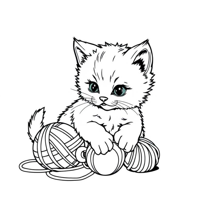 Coloring page: Kitten & Yarn