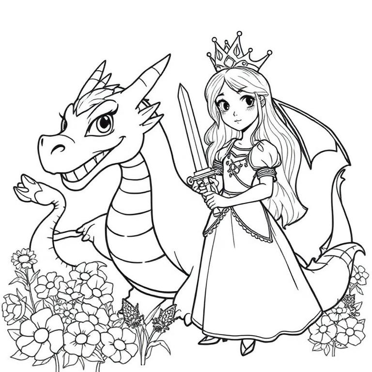 Coloring page: A brave princess with a sword and a friendly dragon in a flower garden