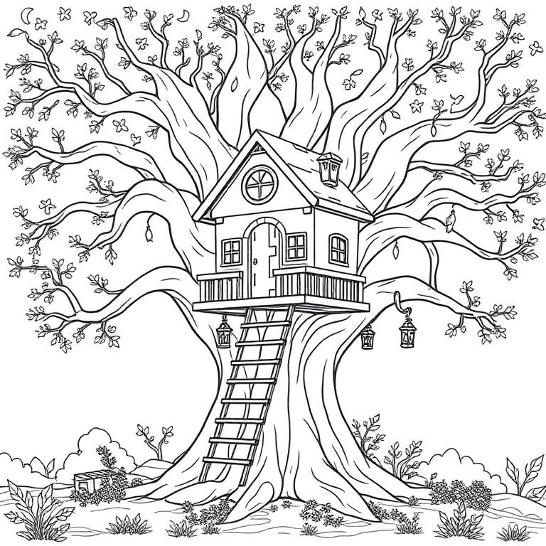 Coloring page: A cozy treehouse in a big oak tree with a ladder and lanterns