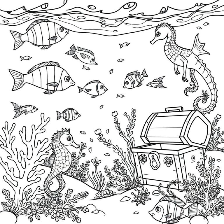 Coloring page: An underwater ocean scene with fish, coral reef and a treasure chest